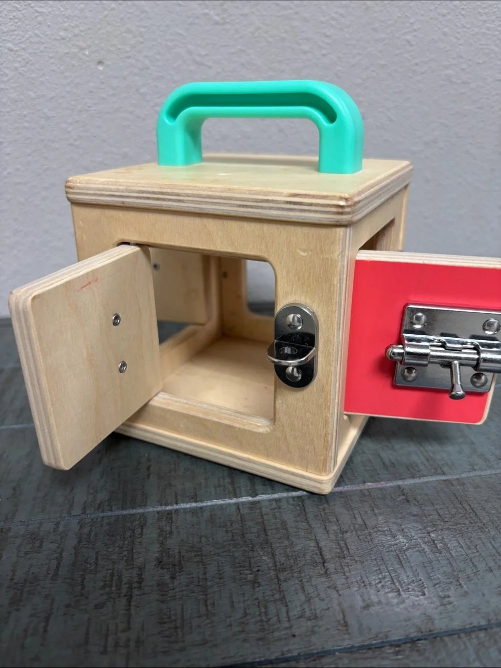 Lovevery Wooden Learning Lockbox Toy with Teal Handle - Fine Motor Practice